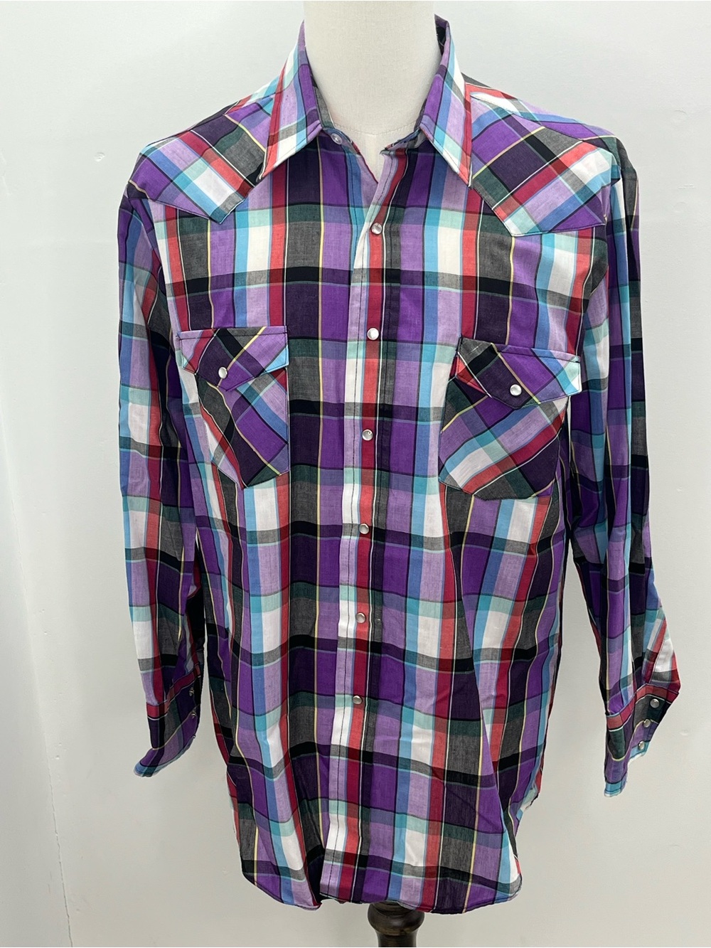 Karman Mens Vintage Western Purple Plaid Pearl Snap Long Sleeve Shirt XL